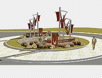 A design of a roundabout with a central landscaped area featuring rocks, plants, and tall structures with red banners. A 'Welcome' sign is visible, and a person walks nearby.
